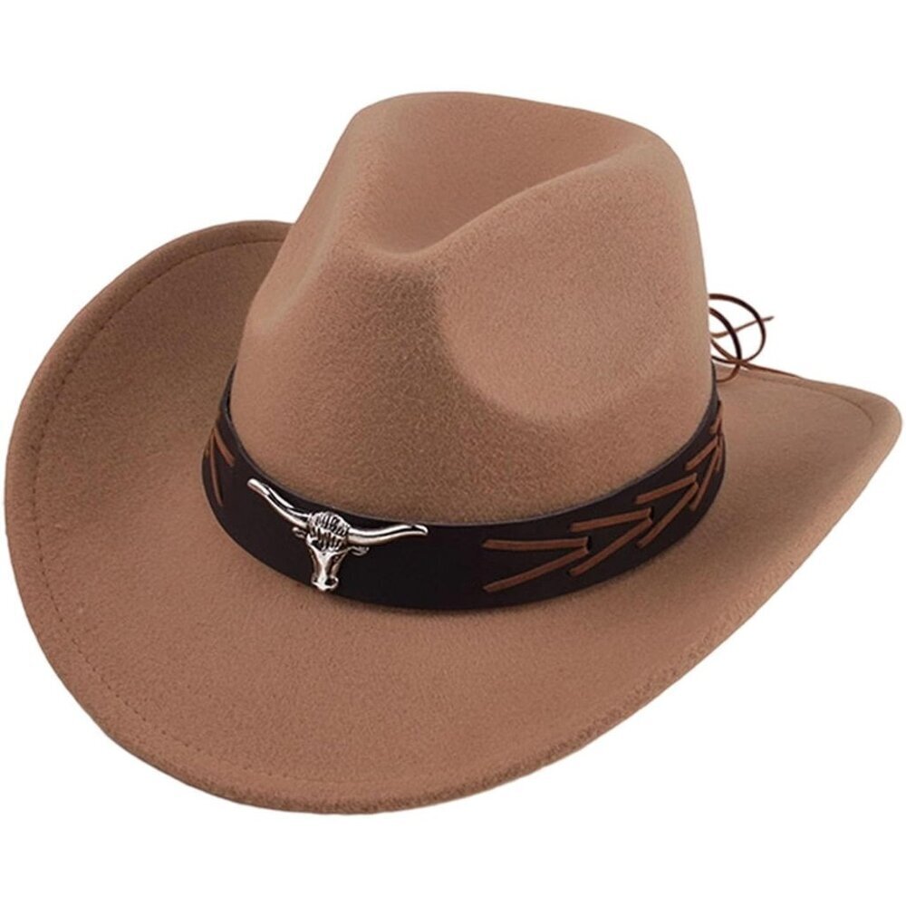 Unisex Khaki 100% Polyester Bull Skull Buckle Band Fedora Cowboy Felt Hat